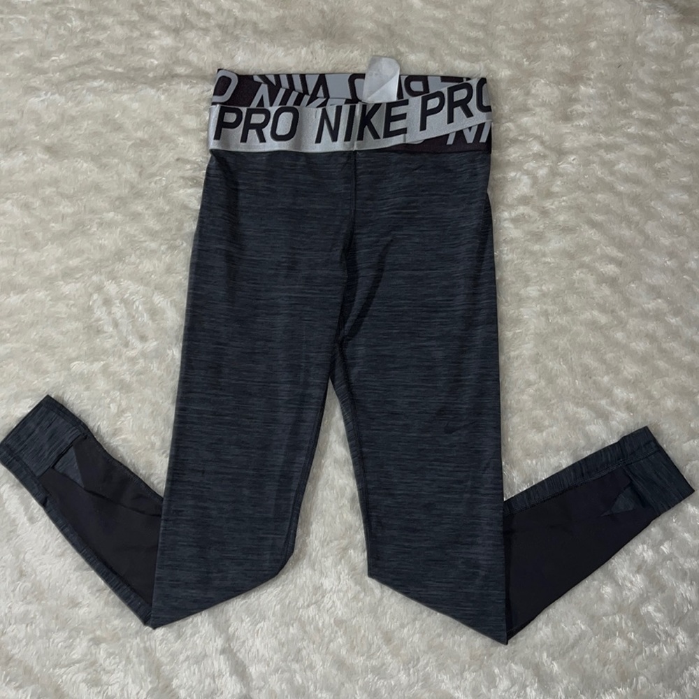 Nike Pro Black Heathered Leggings with White Logo Waistband